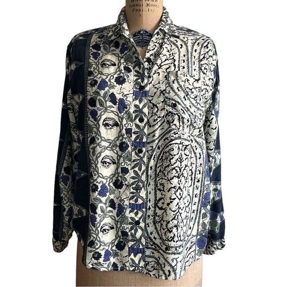 90s Instyle Long sleeve abstract pattern grey and black Rayon button down size M - Picture 3 of 11